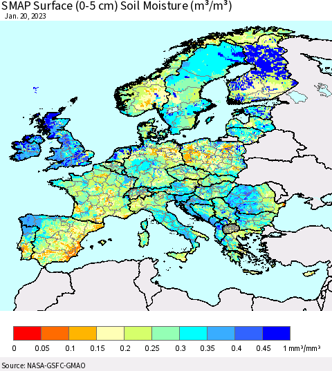 Europe SMAP Surface (0-5 cm) Soil Moisture (m³/m³) Thematic Map For 1/16/2023 - 1/20/2023
