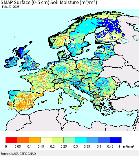 Europe SMAP Surface (0-5 cm) Soil Moisture (m³/m³) Thematic Map For 2/16/2023 - 2/20/2023