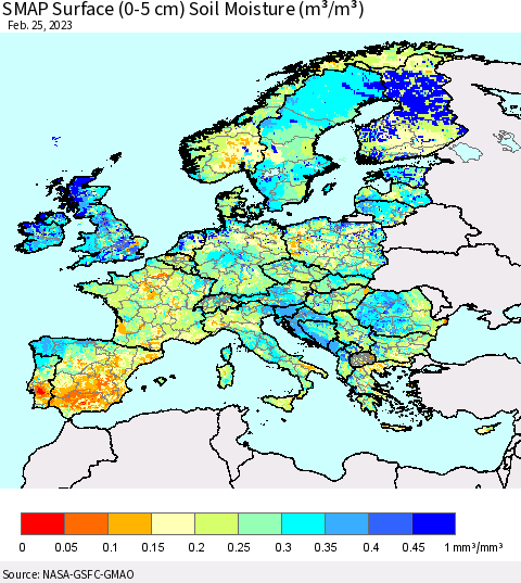 Europe SMAP Surface (0-5 cm) Soil Moisture (m³/m³) Thematic Map For 2/21/2023 - 2/25/2023