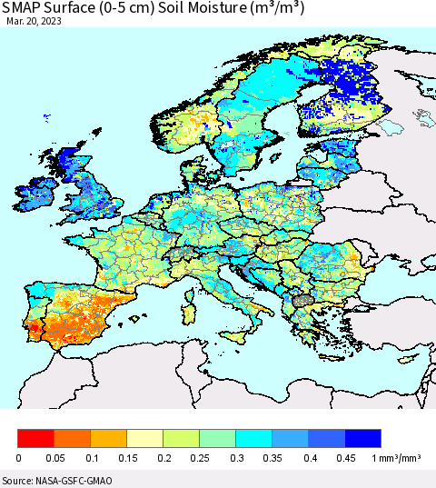 Europe SMAP Surface (0-5 cm) Soil Moisture (m³/m³) Thematic Map For 3/16/2023 - 3/20/2023