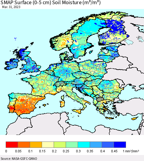 Europe SMAP Surface (0-5 cm) Soil Moisture (m³/m³) Thematic Map For 3/26/2023 - 3/31/2023