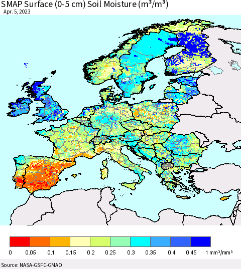 Europe SMAP Surface (0-5 cm) Soil Moisture (m³/m³) Thematic Map For 4/1/2023 - 4/5/2023