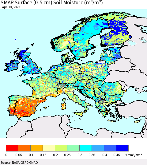 Europe SMAP Surface (0-5 cm) Soil Moisture (m³/m³) Thematic Map For 4/6/2023 - 4/10/2023