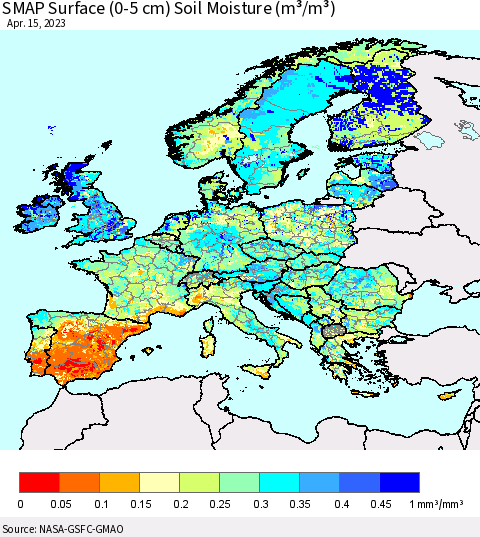 Europe SMAP Surface (0-5 cm) Soil Moisture (m³/m³) Thematic Map For 4/11/2023 - 4/15/2023