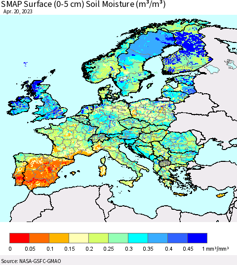 Europe SMAP Surface (0-5 cm) Soil Moisture (m³/m³) Thematic Map For 4/16/2023 - 4/20/2023