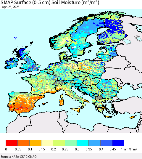 Europe SMAP Surface (0-5 cm) Soil Moisture (m³/m³) Thematic Map For 4/21/2023 - 4/25/2023