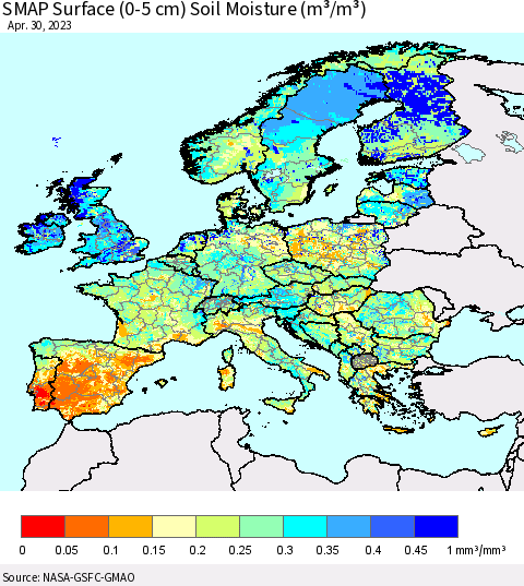 Europe SMAP Surface (0-5 cm) Soil Moisture (m³/m³) Thematic Map For 4/26/2023 - 4/30/2023