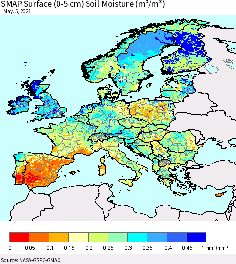 Europe SMAP Surface (0-5 cm) Soil Moisture (m³/m³) Thematic Map For 5/1/2023 - 5/5/2023