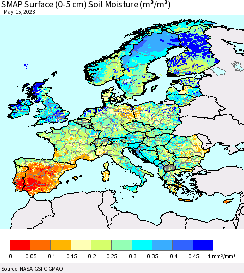 Europe SMAP Surface (0-5 cm) Soil Moisture (m³/m³) Thematic Map For 5/11/2023 - 5/15/2023