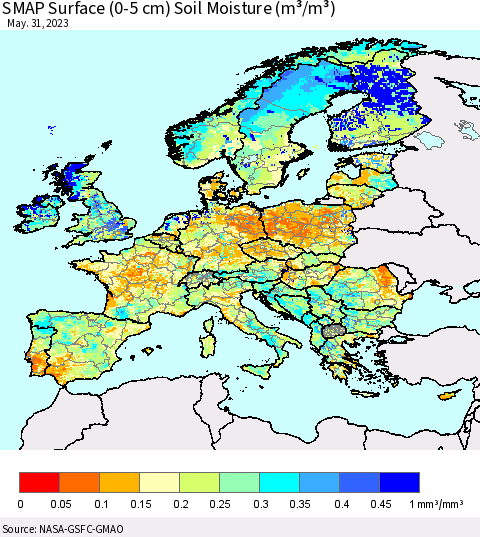 Europe SMAP Surface (0-5 cm) Soil Moisture (m³/m³) Thematic Map For 5/26/2023 - 5/31/2023