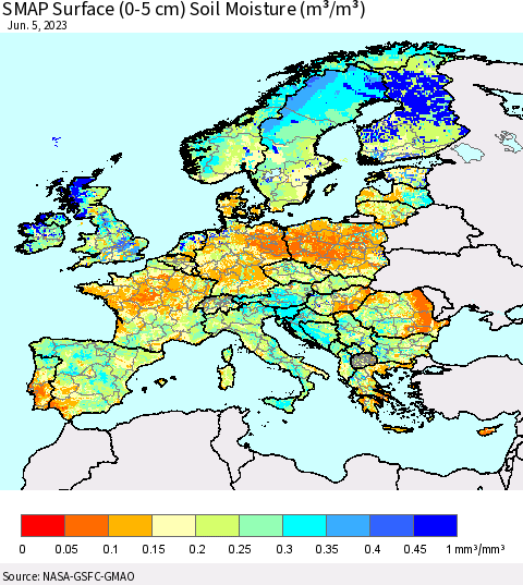 Europe SMAP Surface (0-5 cm) Soil Moisture (m³/m³) Thematic Map For 6/1/2023 - 6/5/2023