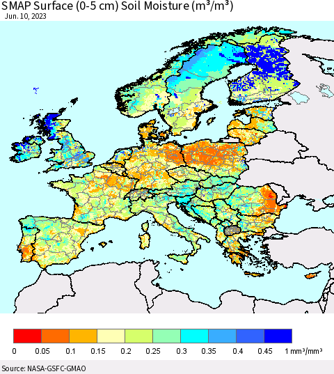 Europe SMAP Surface (0-5 cm) Soil Moisture (m³/m³) Thematic Map For 6/6/2023 - 6/10/2023