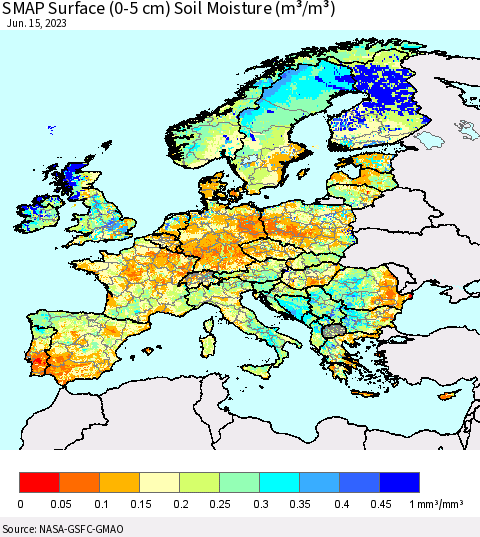 Europe SMAP Surface (0-5 cm) Soil Moisture (m³/m³) Thematic Map For 6/11/2023 - 6/15/2023