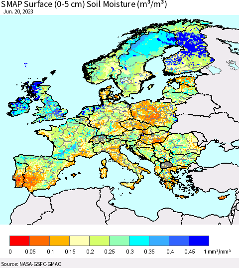 Europe SMAP Surface (0-5 cm) Soil Moisture (m³/m³) Thematic Map For 6/16/2023 - 6/20/2023