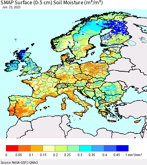 Europe SMAP Surface (0-5 cm) Soil Moisture (m³/m³) Thematic Map For 6/21/2023 - 6/25/2023