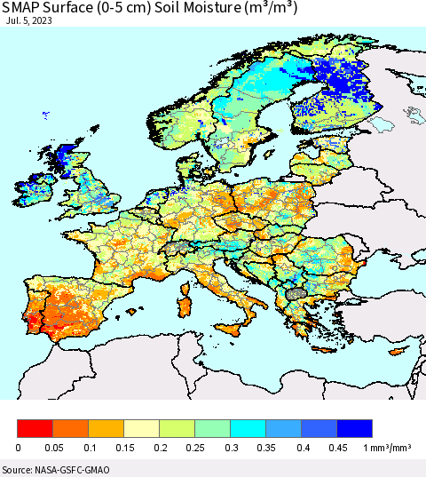 Europe SMAP Surface (0-5 cm) Soil Moisture (m³/m³) Thematic Map For 7/1/2023 - 7/5/2023