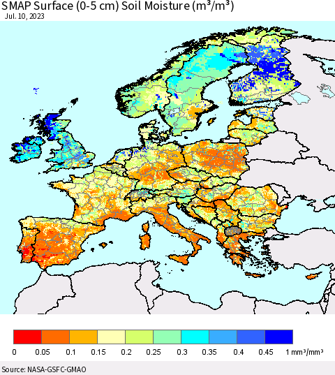 Europe SMAP Surface (0-5 cm) Soil Moisture (m³/m³) Thematic Map For 7/6/2023 - 7/10/2023