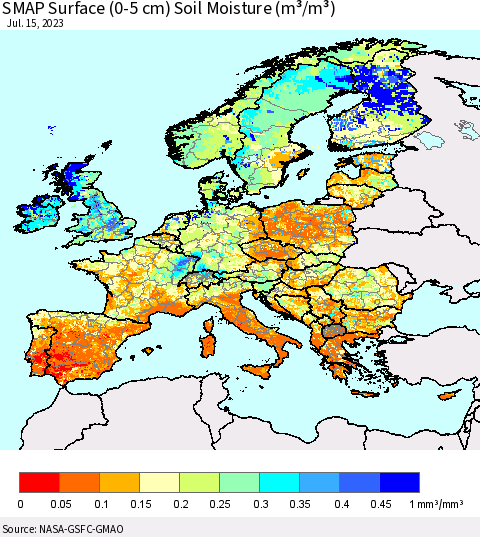 Europe SMAP Surface (0-5 cm) Soil Moisture (m³/m³) Thematic Map For 7/11/2023 - 7/15/2023