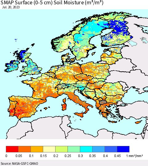 Europe SMAP Surface (0-5 cm) Soil Moisture (m³/m³) Thematic Map For 7/16/2023 - 7/20/2023