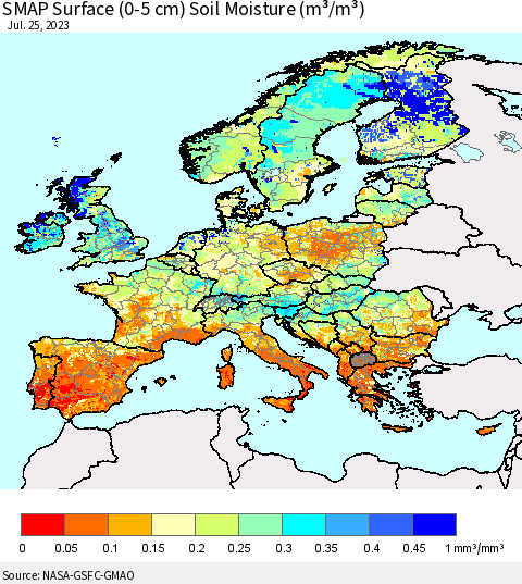 Europe SMAP Surface (0-5 cm) Soil Moisture (m³/m³) Thematic Map For 7/21/2023 - 7/25/2023