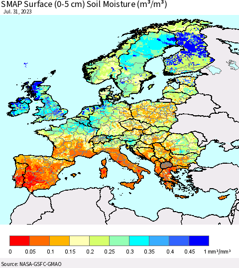 Europe SMAP Surface (0-5 cm) Soil Moisture (m³/m³) Thematic Map For 7/26/2023 - 7/31/2023