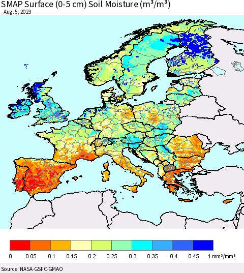 Europe SMAP Surface (0-5 cm) Soil Moisture (m³/m³) Thematic Map For 8/1/2023 - 8/5/2023