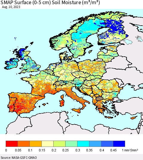 Europe SMAP Surface (0-5 cm) Soil Moisture (m³/m³) Thematic Map For 8/6/2023 - 8/10/2023