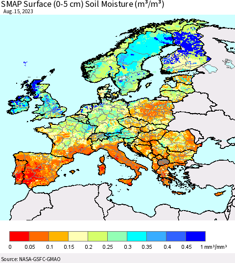 Europe SMAP Surface (0-5 cm) Soil Moisture (m³/m³) Thematic Map For 8/11/2023 - 8/15/2023