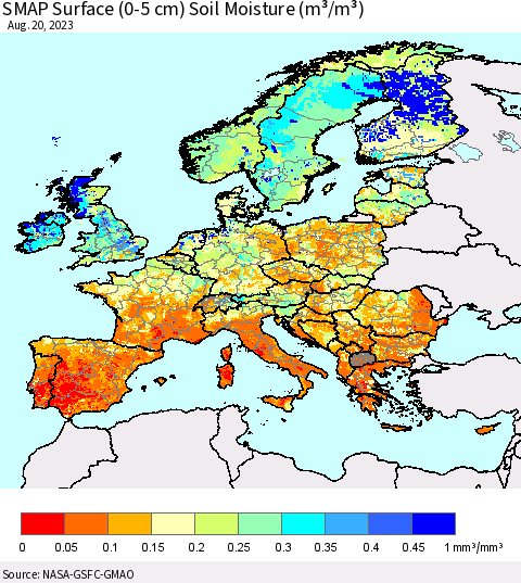 Europe SMAP Surface (0-5 cm) Soil Moisture (m³/m³) Thematic Map For 8/16/2023 - 8/20/2023
