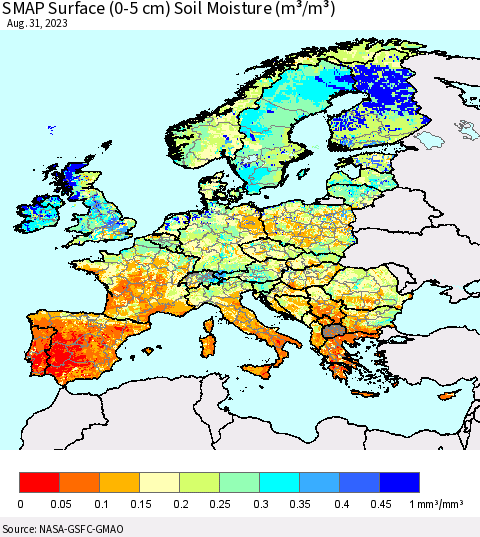 Europe SMAP Surface (0-5 cm) Soil Moisture (m³/m³) Thematic Map For 8/26/2023 - 8/31/2023