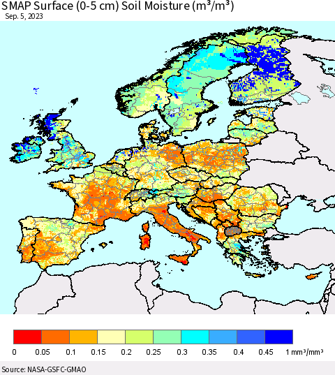 Europe SMAP Surface (0-5 cm) Soil Moisture (m³/m³) Thematic Map For 9/1/2023 - 9/5/2023