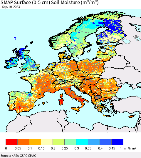 Europe SMAP Surface (0-5 cm) Soil Moisture (m³/m³) Thematic Map For 9/6/2023 - 9/10/2023