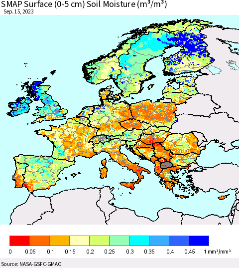 Europe SMAP Surface (0-5 cm) Soil Moisture (m³/m³) Thematic Map For 9/11/2023 - 9/15/2023