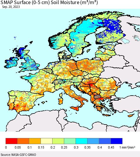 Europe SMAP Surface (0-5 cm) Soil Moisture (m³/m³) Thematic Map For 9/16/2023 - 9/20/2023