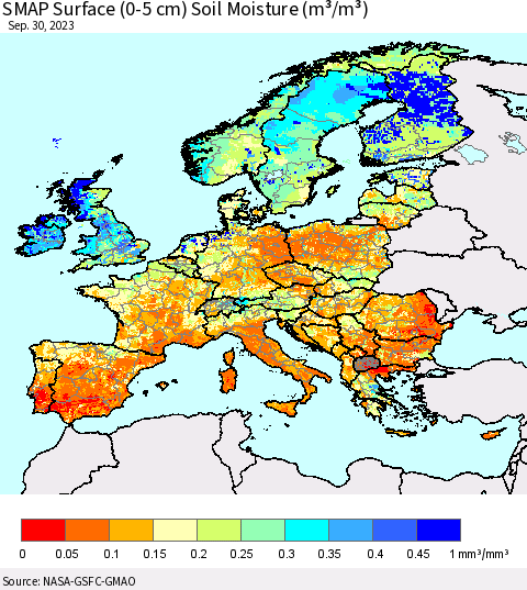 Europe SMAP Surface (0-5 cm) Soil Moisture (m³/m³) Thematic Map For 9/26/2023 - 9/30/2023