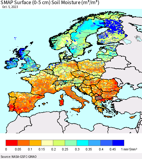 Europe SMAP Surface (0-5 cm) Soil Moisture (m³/m³) Thematic Map For 10/1/2023 - 10/5/2023
