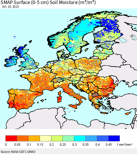 Europe SMAP Surface (0-5 cm) Soil Moisture (m³/m³) Thematic Map For 10/6/2023 - 10/10/2023