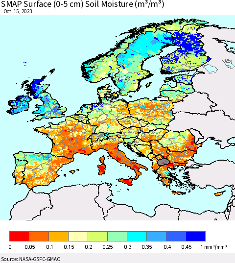 Europe SMAP Surface (0-5 cm) Soil Moisture (m³/m³) Thematic Map For 10/11/2023 - 10/15/2023