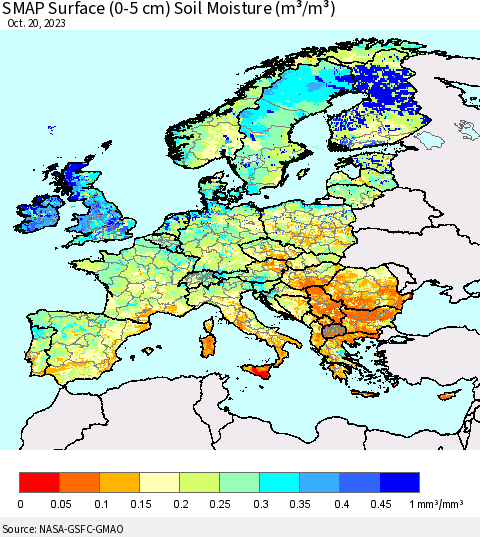 Europe SMAP Surface (0-5 cm) Soil Moisture (m³/m³) Thematic Map For 10/16/2023 - 10/20/2023