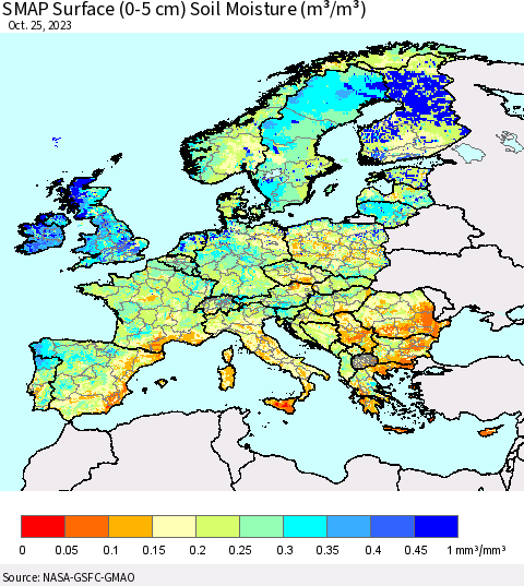 Europe SMAP Surface (0-5 cm) Soil Moisture (m³/m³) Thematic Map For 10/21/2023 - 10/25/2023