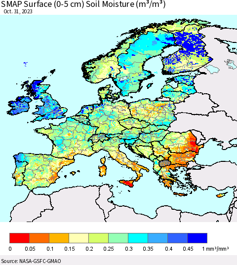 Europe SMAP Surface (0-5 cm) Soil Moisture (m³/m³) Thematic Map For 10/26/2023 - 10/31/2023