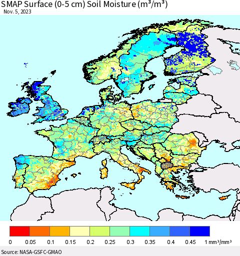 Europe SMAP Surface (0-5 cm) Soil Moisture (m³/m³) Thematic Map For 11/1/2023 - 11/5/2023