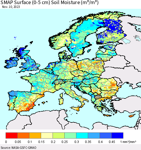 Europe SMAP Surface (0-5 cm) Soil Moisture (m³/m³) Thematic Map For 11/6/2023 - 11/10/2023
