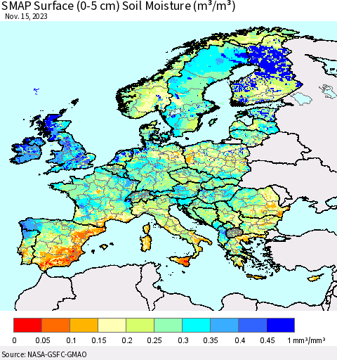Europe SMAP Surface (0-5 cm) Soil Moisture (m³/m³) Thematic Map For 11/11/2023 - 11/15/2023