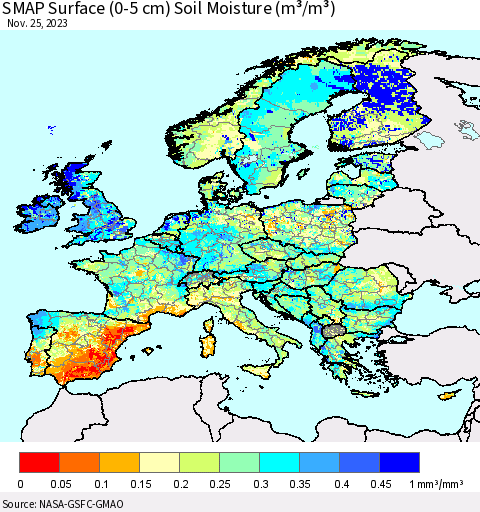 Europe SMAP Surface (0-5 cm) Soil Moisture (m³/m³) Thematic Map For 11/21/2023 - 11/25/2023