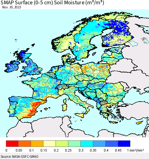 Europe SMAP Surface (0-5 cm) Soil Moisture (m³/m³) Thematic Map For 11/26/2023 - 11/30/2023