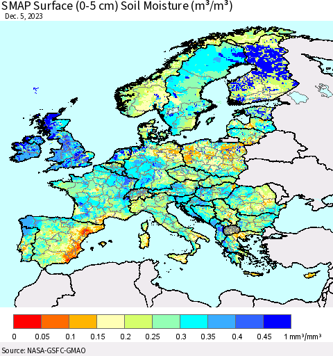 Europe SMAP Surface (0-5 cm) Soil Moisture (m³/m³) Thematic Map For 12/1/2023 - 12/5/2023