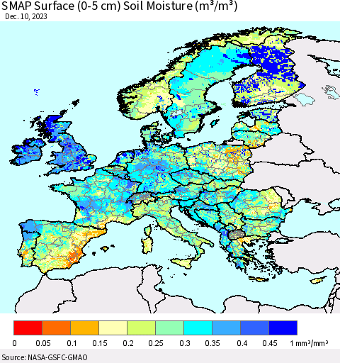 Europe SMAP Surface (0-5 cm) Soil Moisture (m³/m³) Thematic Map For 12/6/2023 - 12/10/2023