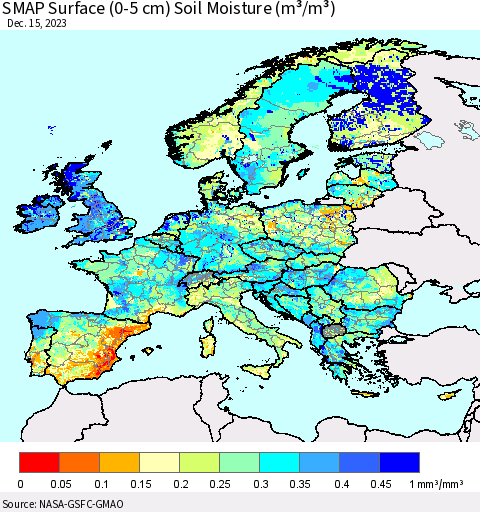 Europe SMAP Surface (0-5 cm) Soil Moisture (m³/m³) Thematic Map For 12/11/2023 - 12/15/2023
