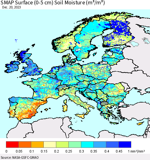 Europe SMAP Surface (0-5 cm) Soil Moisture (m³/m³) Thematic Map For 12/16/2023 - 12/20/2023